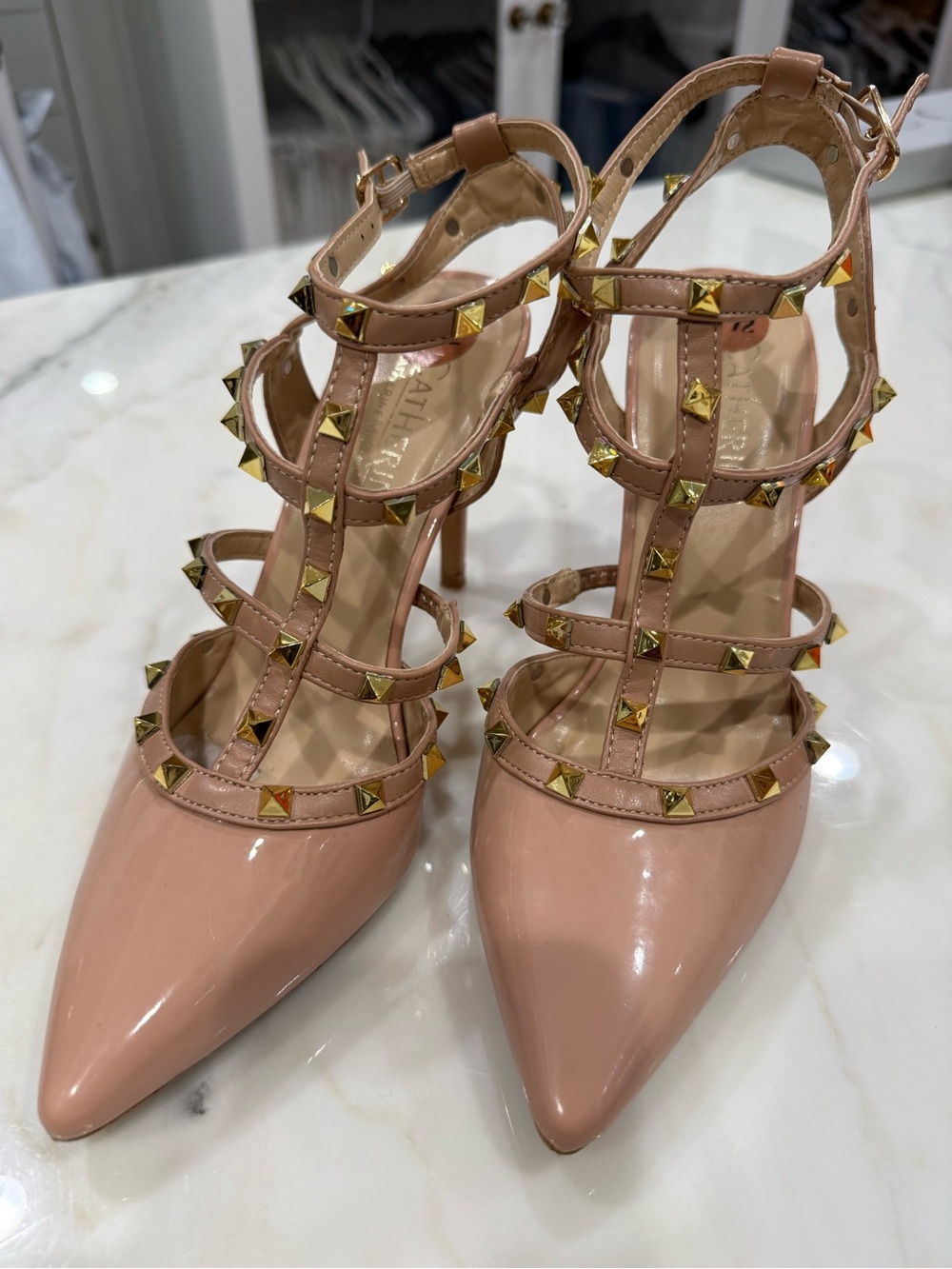 Catherine Malandrino Beige Studded Strappy Stiletto Heel Blush Pink